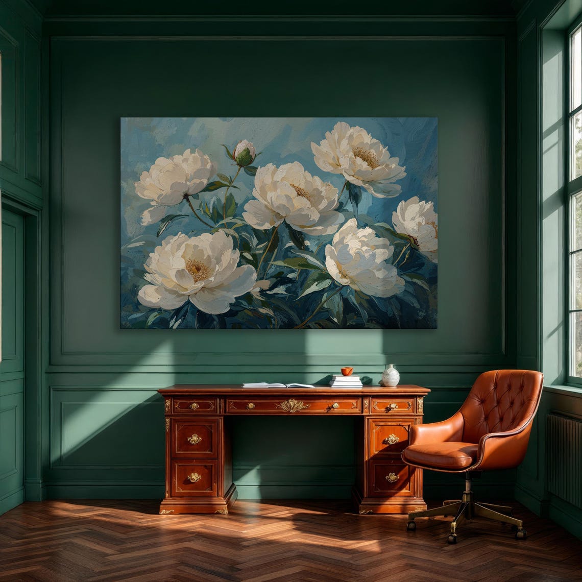 White Peonies on Teal Painterly Botanical Floral Oil Painting Poster