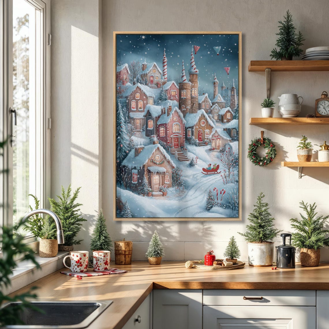 Whimsical Christmas Village With Candy Cane Spires Snowy Poster