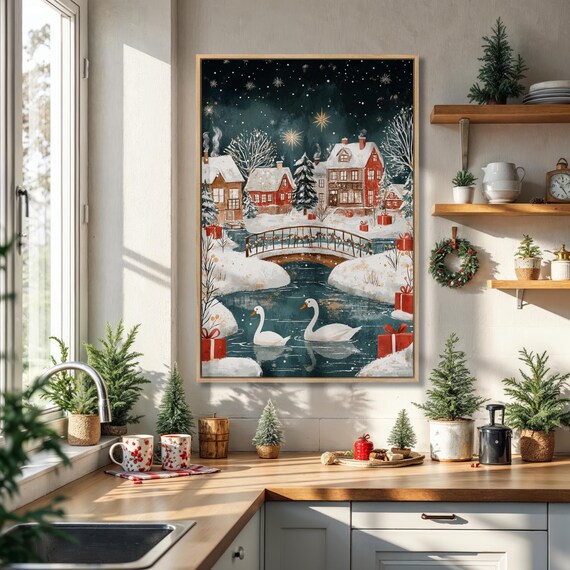 Christmas Village Night With Swans River Bridge Scene Poster