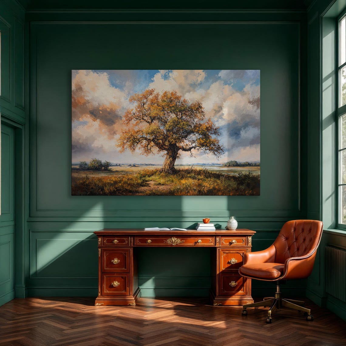Autumn Lone Oak In Golden Field Dramatic Sky Oil Painting Print