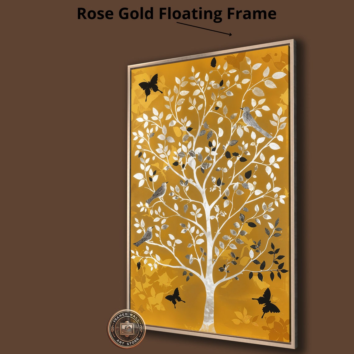 White Tree Black Butterflies Birds Golden Background Nature Art Poster - Image 4