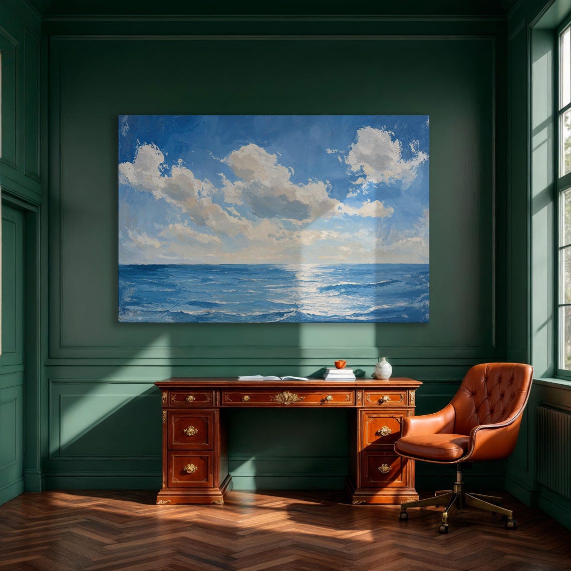 Calm Blue Ocean Horizon Cloudy Sky Seascape Painting Art Poster