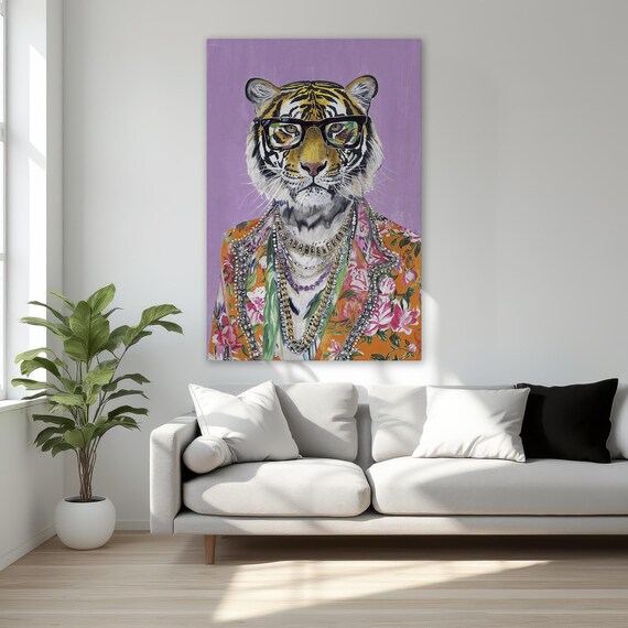 Anthropomorphic Tiger In Floral Shirt Framed Canvas Print Quirky Animal Glasses Wall Art Modern Wildlife Home Decor Ready To Hang