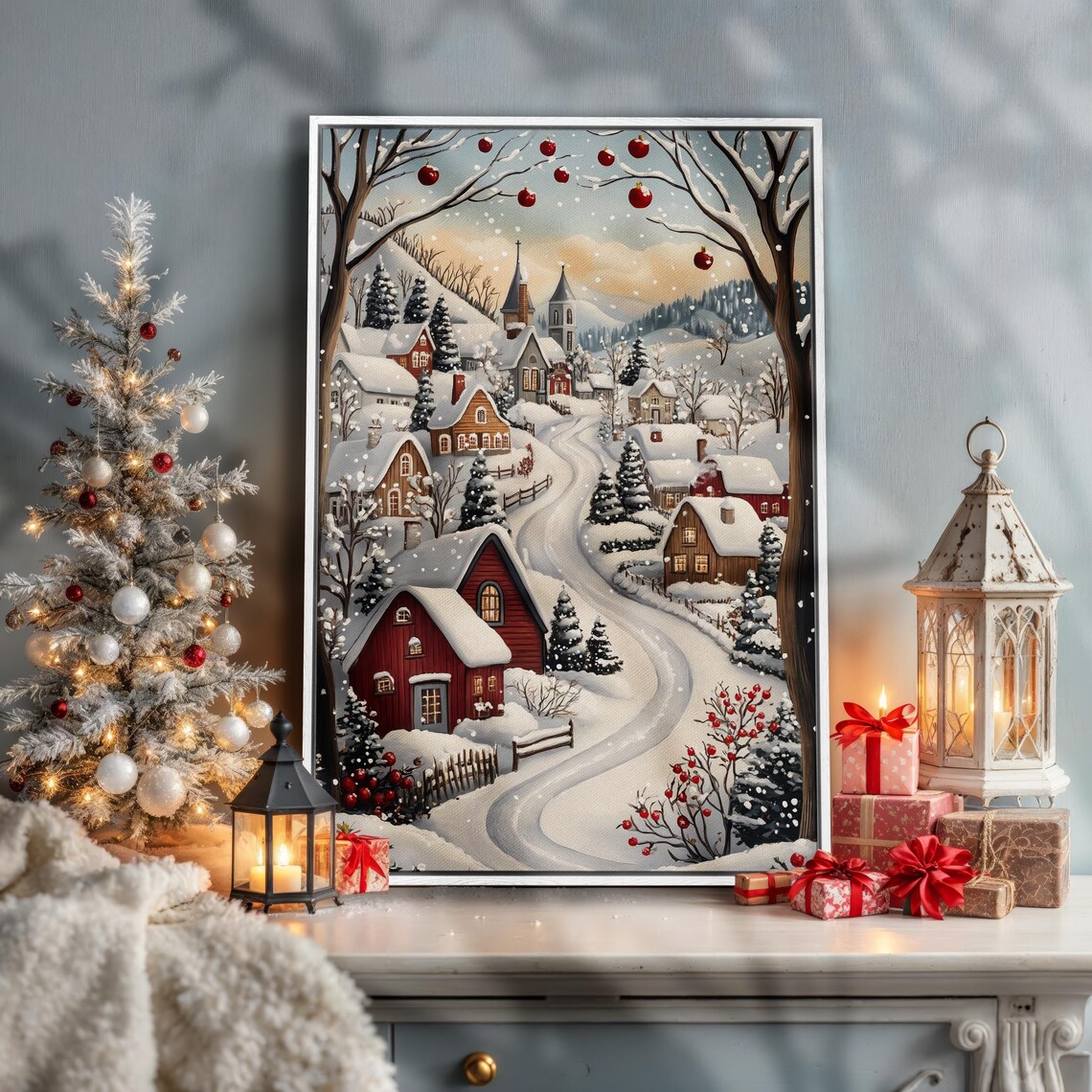 Snowy Red Village Christmas Scene Cozy Winter Landscape Painting Poster