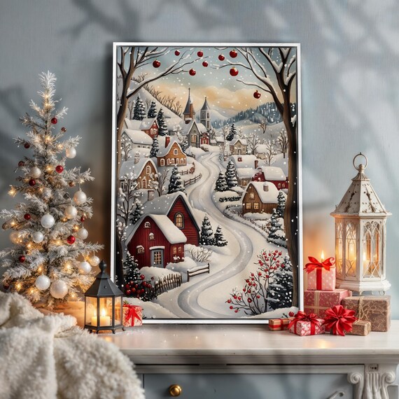 Snowy Red Village Christmas Scene Cozy Winter Landscape Painting Poster