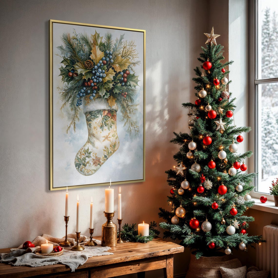 Christmas Stocking Filled With Holly and Winter Berries Art Poster