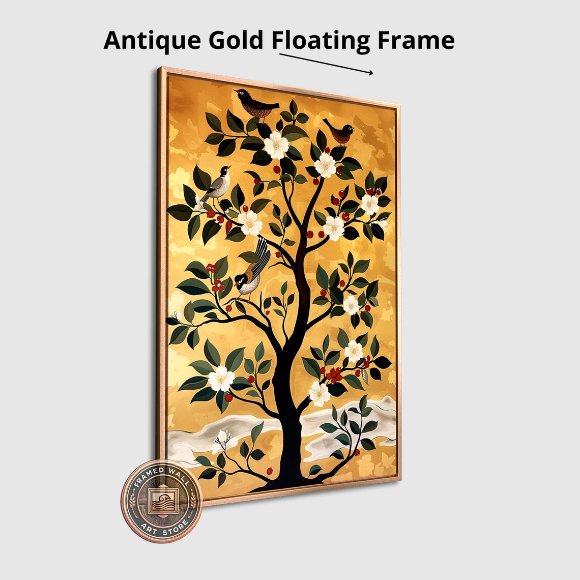 White Blossom Tree With Perched Birds On Gold Botanical Print - Image 4