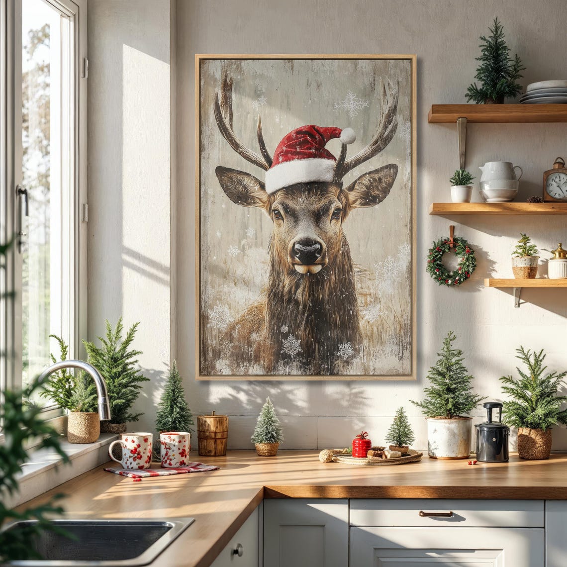 Stag Wearing Santa Hat Rustic Reindeer Portrait Holiday Poster
