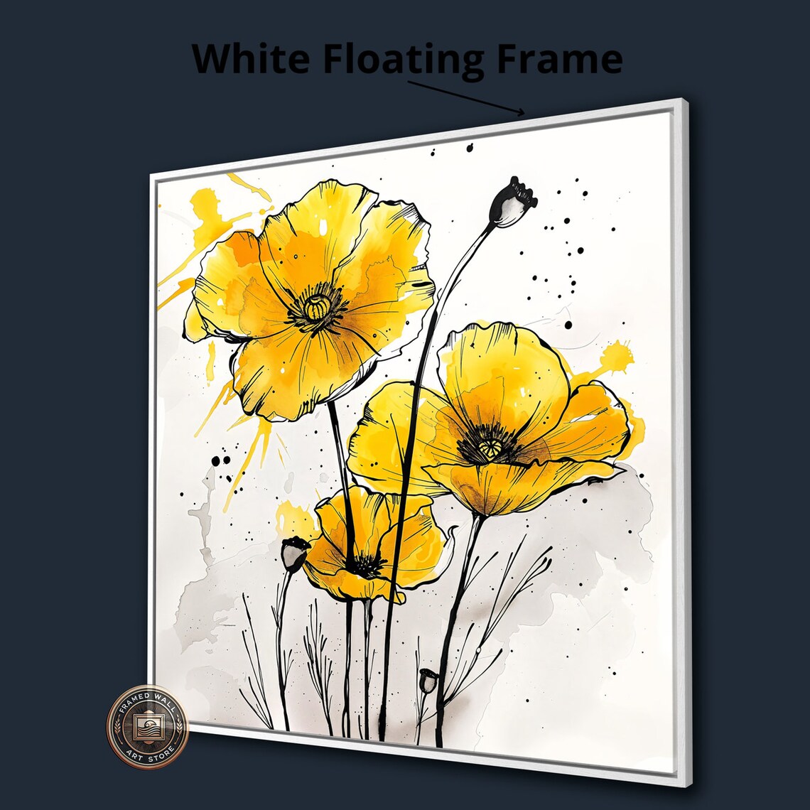 Vibrant Yellow Poppy Flowers Ink Watercolor Floral Still Life Poster - Image 3