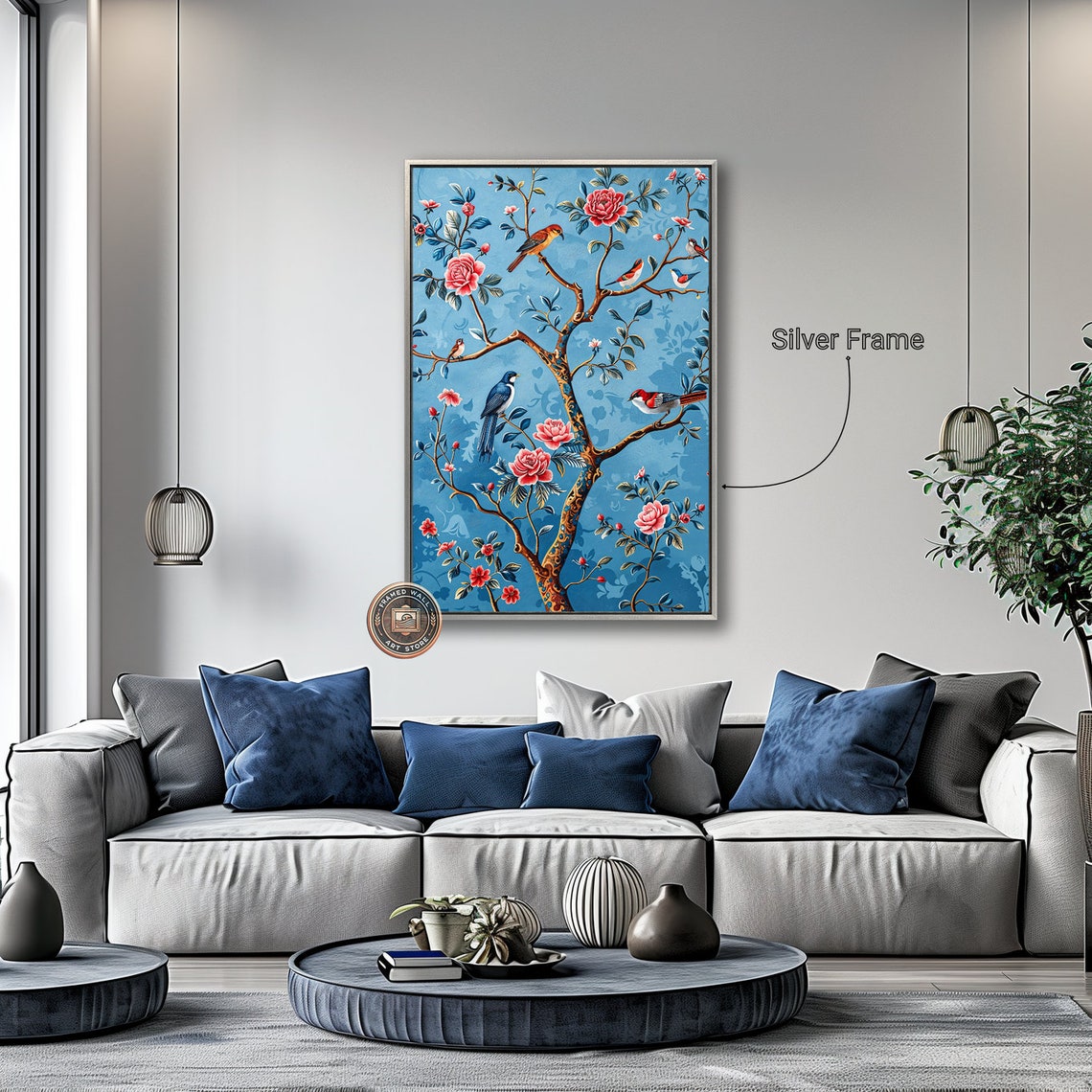 Chinoiserie Rose Tree Colorful Birds Sky Blue Oriental Art Poster - Image 2