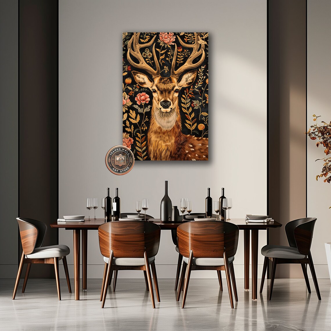 Stag With Grand Antlers Gold Floral Black Background Wildlife Painting Poster - Image 2