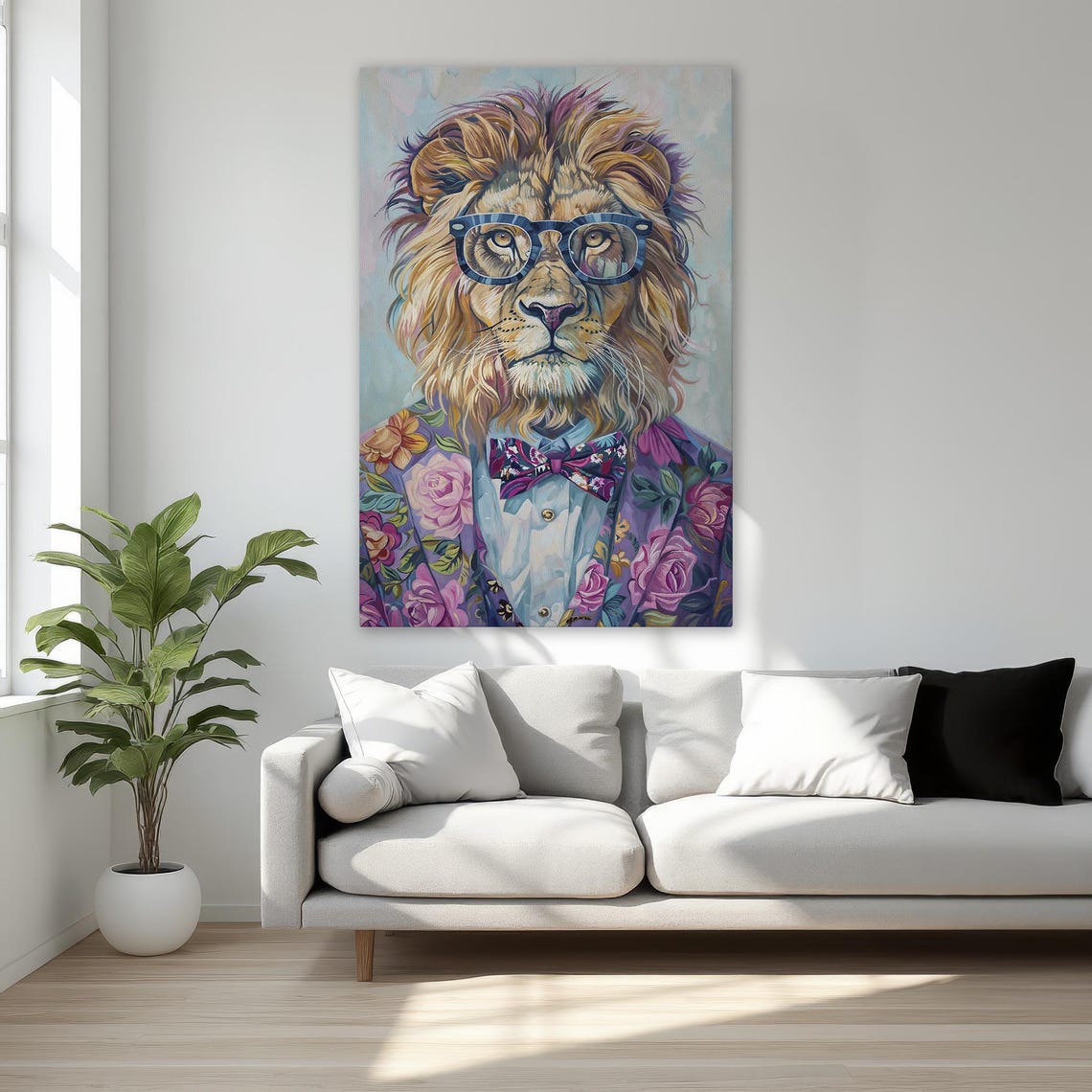 Dapper Lion In Glasses Floral Suit Bow Tie Animal Art Poster