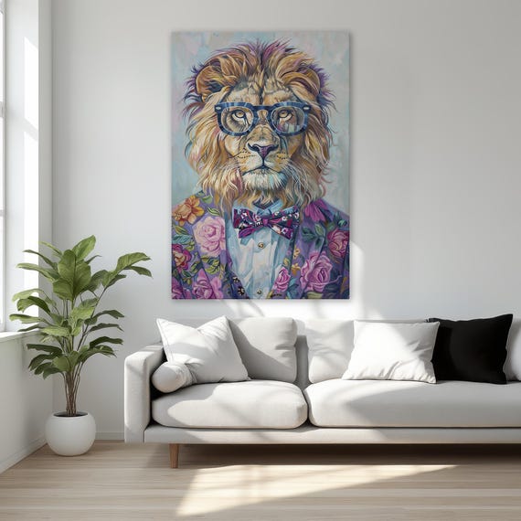 Lion With Glasses In Suit Framed Canvas Print Animal Portrait Art Maximalist Funny Wall Decor Home Accent Ready To Hang