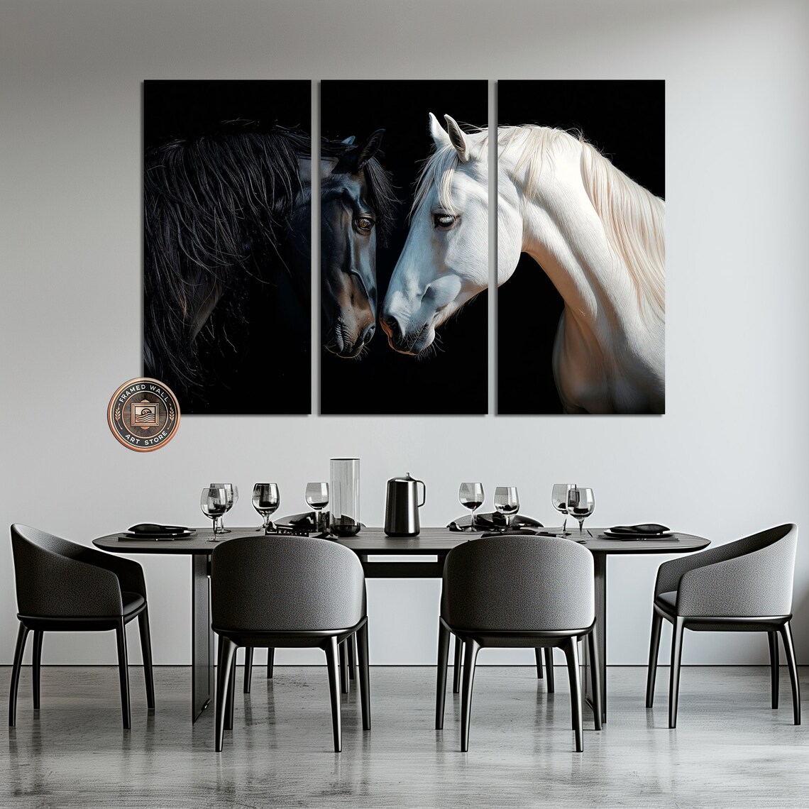 Black White Horse Portrait Pair Dark Background Equestrian Art Poster - Image 5