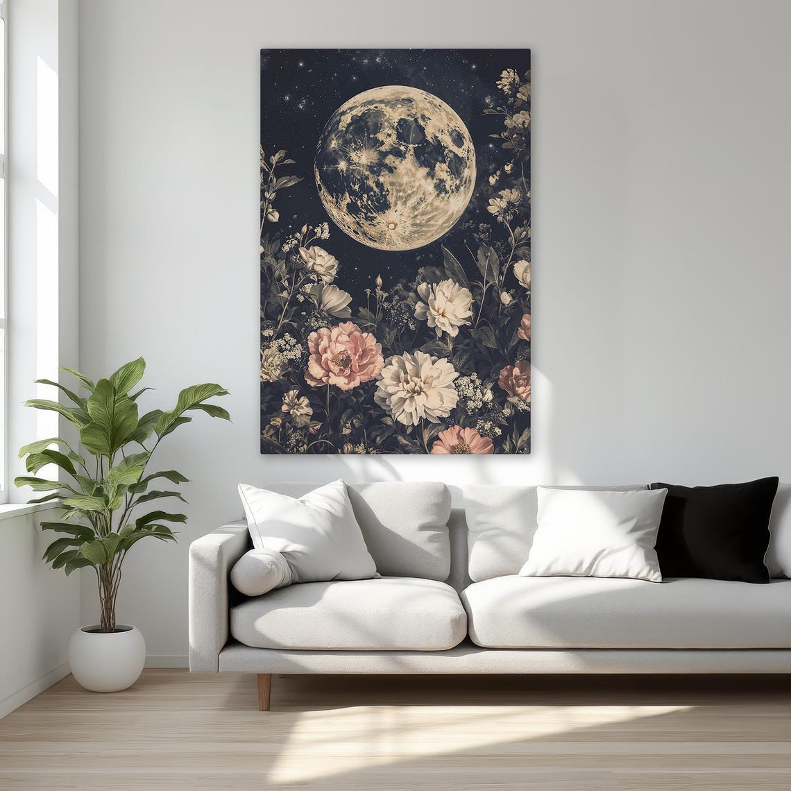 Full Moon Above Blooming Flowers Dark Night Botanical Art Poster