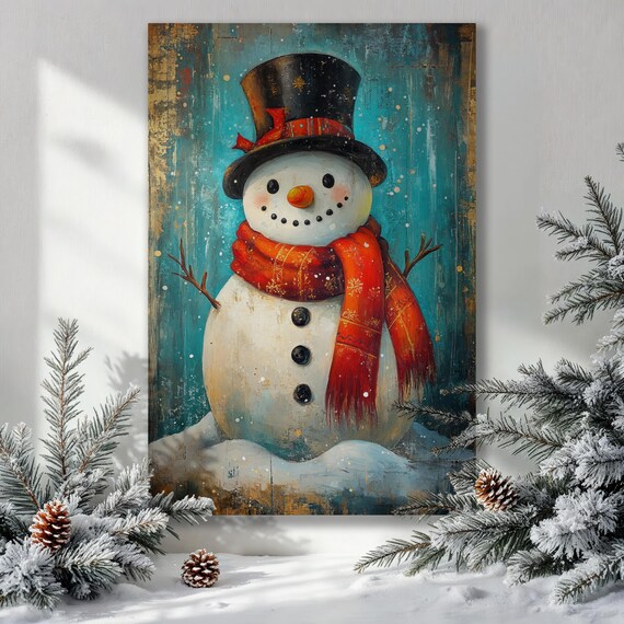 Vintage Cheerful Snowman With Top Hat And Red Scarf Painting Poster