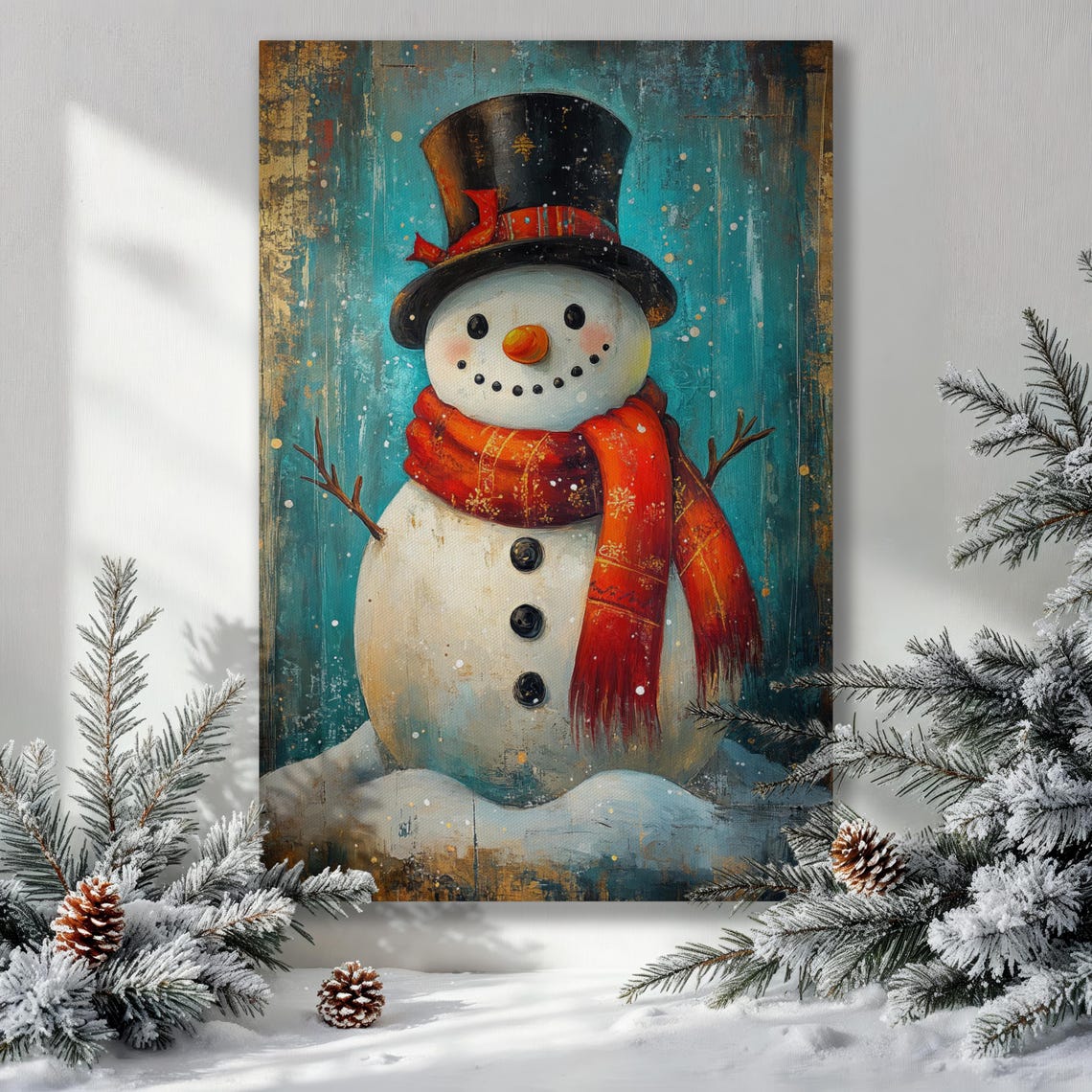 Vintage Cheerful Snowman With Top Hat And Red Scarf Painting Poster
