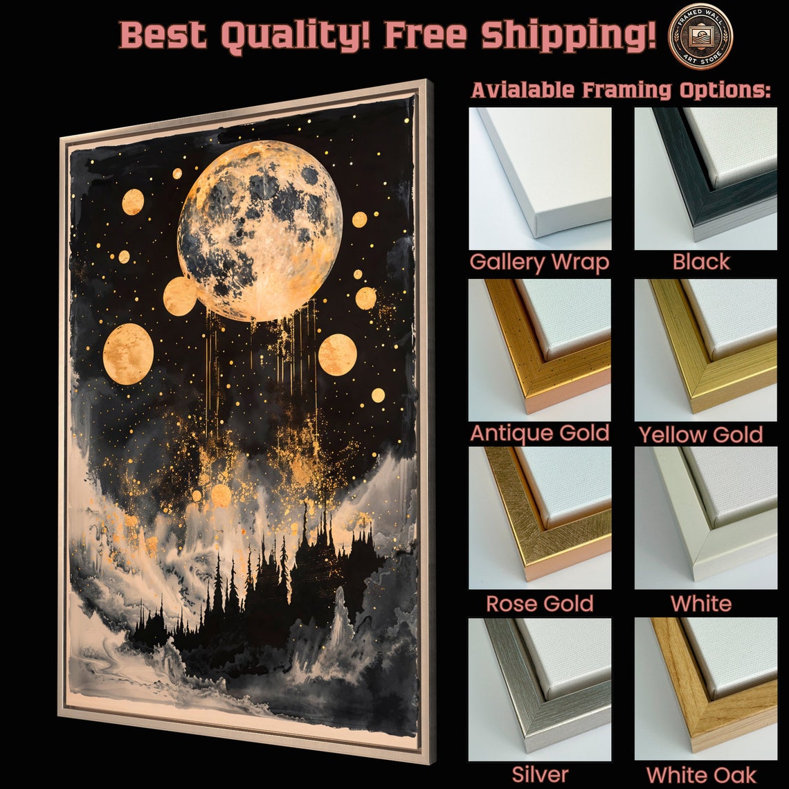 Golden Dripping Moons Over Dark Forest Silhouette Night Poster - Image 5