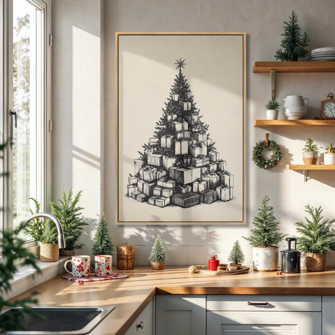 Christmas Tree Made Of Gift Boxes Black And White Sketch Poster