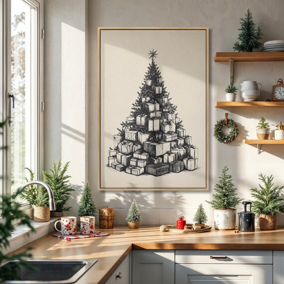 Christmas Tree Made Of Gift Boxes Black And White Sketch Poster