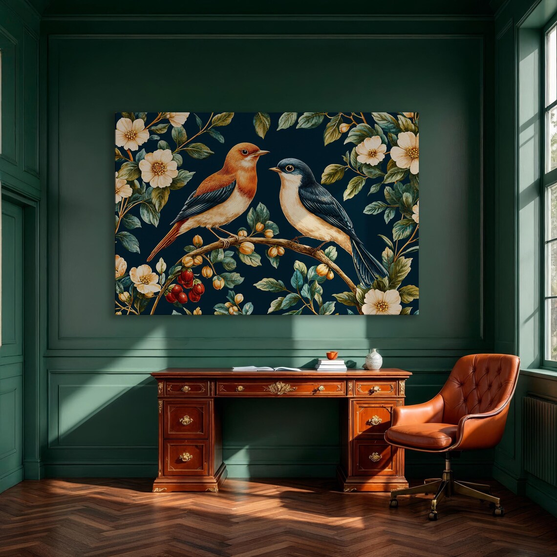 Two Songbirds on a Flowering Branch Botanical Bird Art Poster