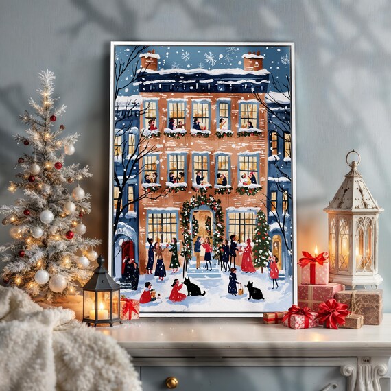 Snowy Winter Townhouse Christmas Carolers Folk Cityscape Wall Art