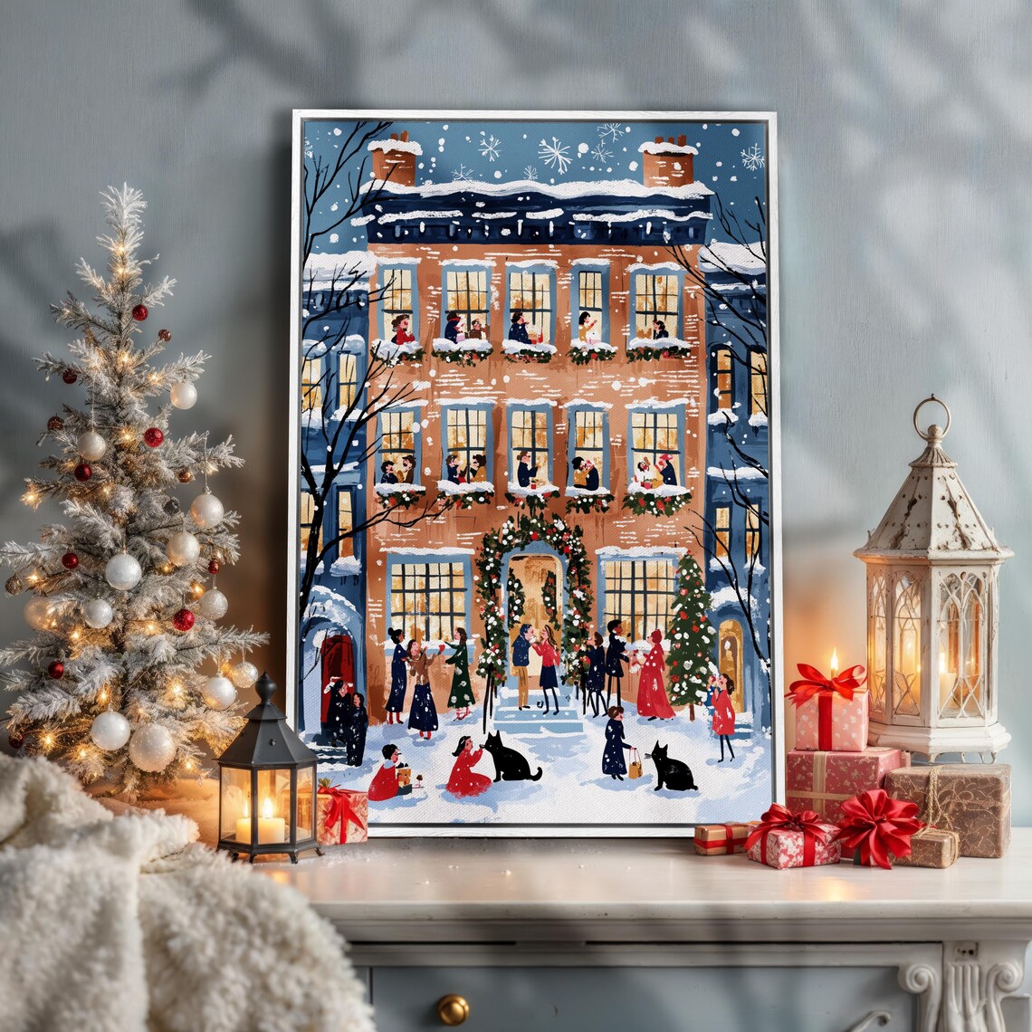 Snowy Winter Townhouse Christmas Carolers Folk Cityscape Wall Art