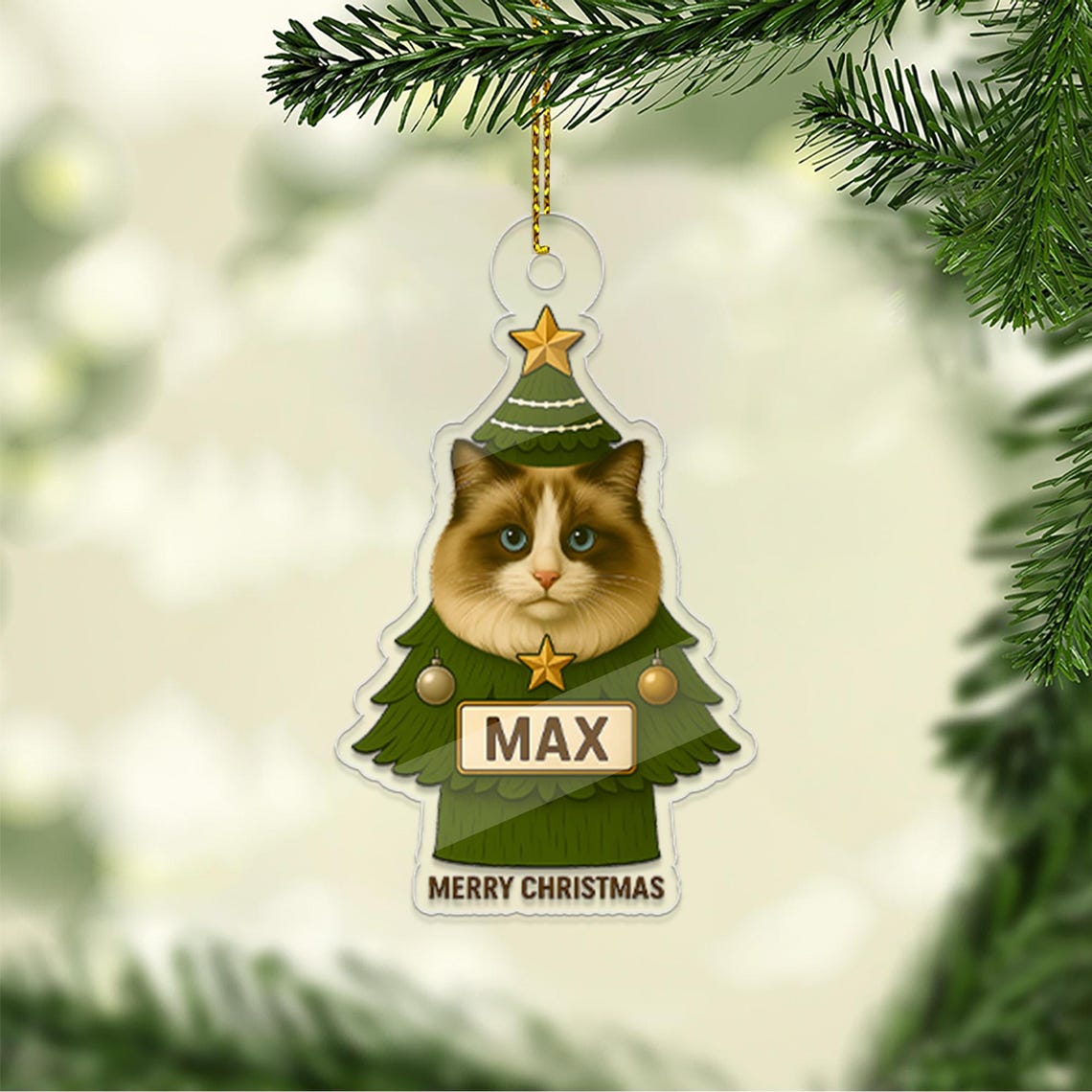 Personalized Ragdoll Cat Christmas Tree Holiday Ornament Name Print