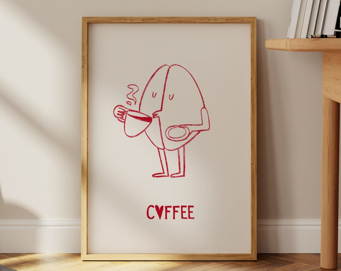 Coffee Lover Cute Coffee Bean Character Red Line Art Kitchen Poster