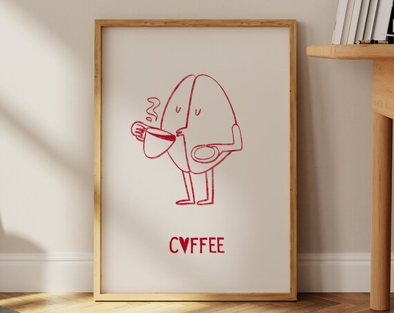 Coffee Lover Cute Coffee Bean Character Red Line Art Kitchen Poster