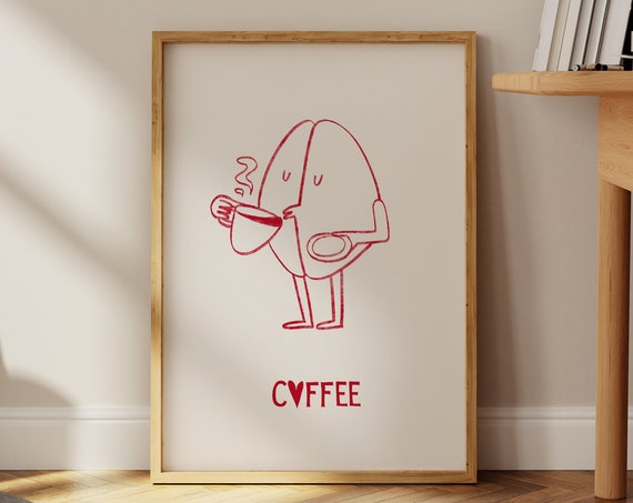 Hand Drawn Red Coffee Print Italian Kitchen Retro Neutral Decor Lover Minimalist