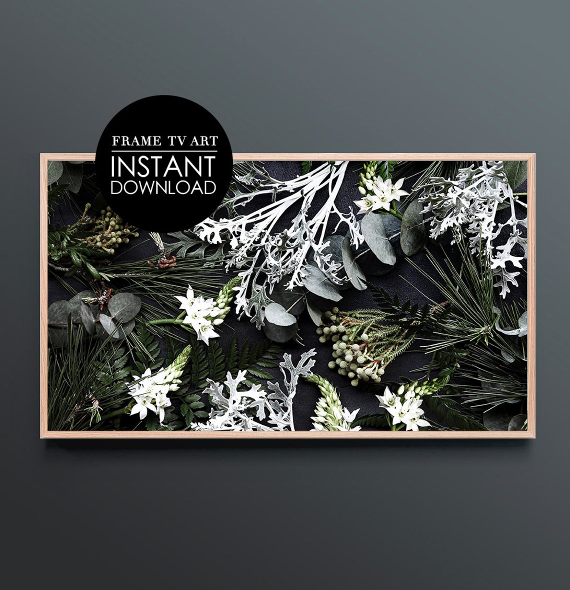 Winter White Flowers Dark Moody Greenery Flat Lay Botanical Wall Art