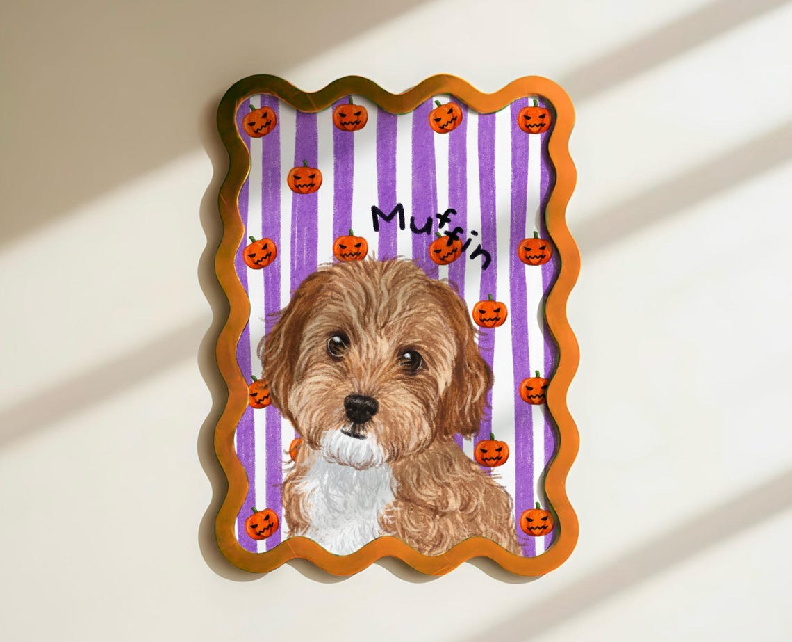 Juno the Dog Retro Striped Custom Pet Portrait Cute Puppy Bow Wall Art - Image 2