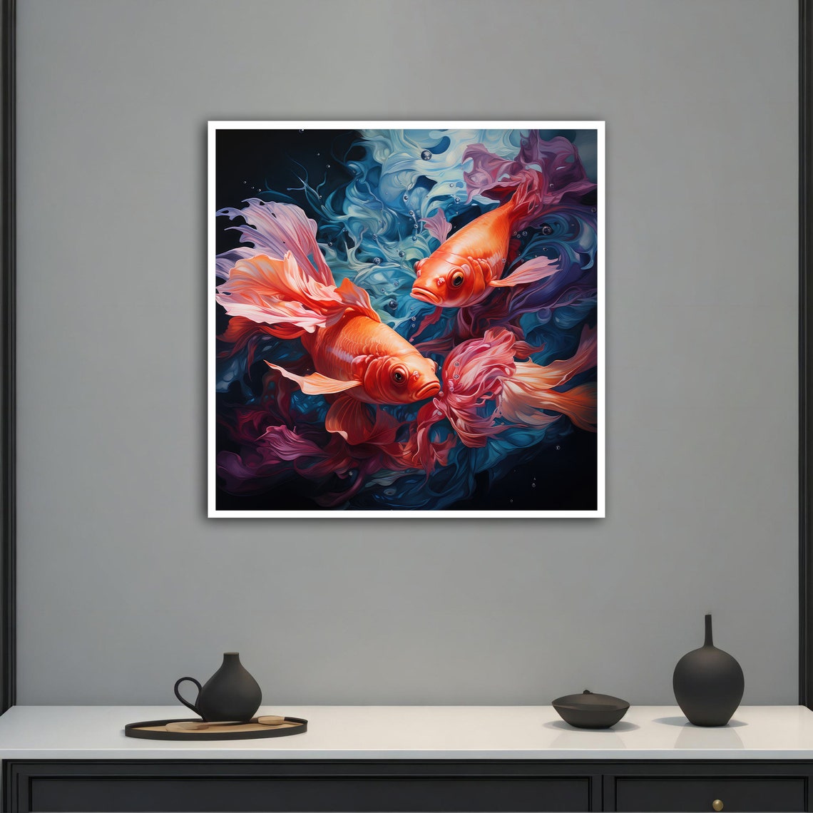 Twin Koi Fish Orange Goldfish Dark Teal Waters Wall Art Poster - Image 3