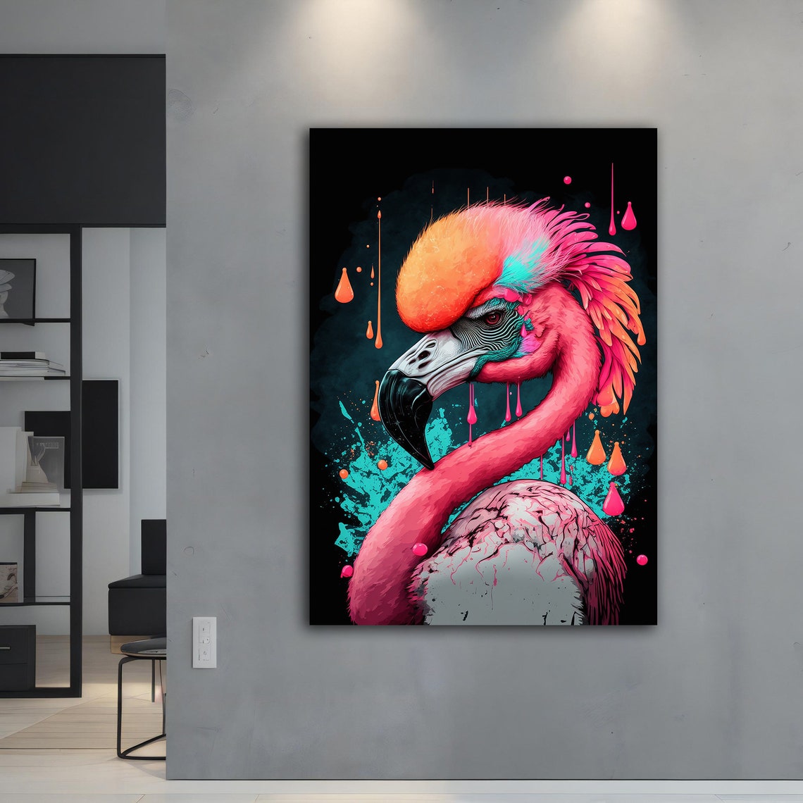 Neon Flamingo Head Paint Drip Pop Art Colorful Bird Poster Print - Image 3