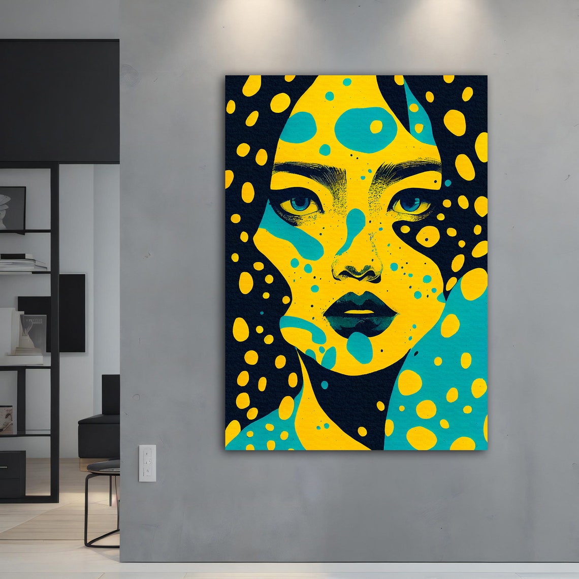 Yellow Teal Pop Art Woman Face Spotted Bold Graphic Modern Art Print - Image 5