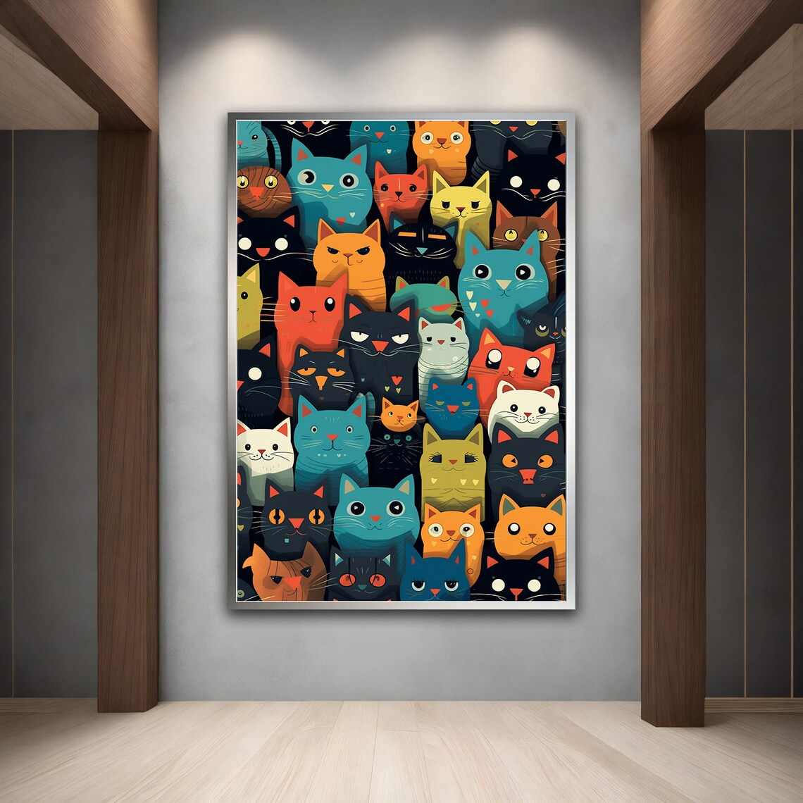 Colorful Cartoon Cat Faces Pattern Fun Whimsical Feline Wall Art Poster - Image 3