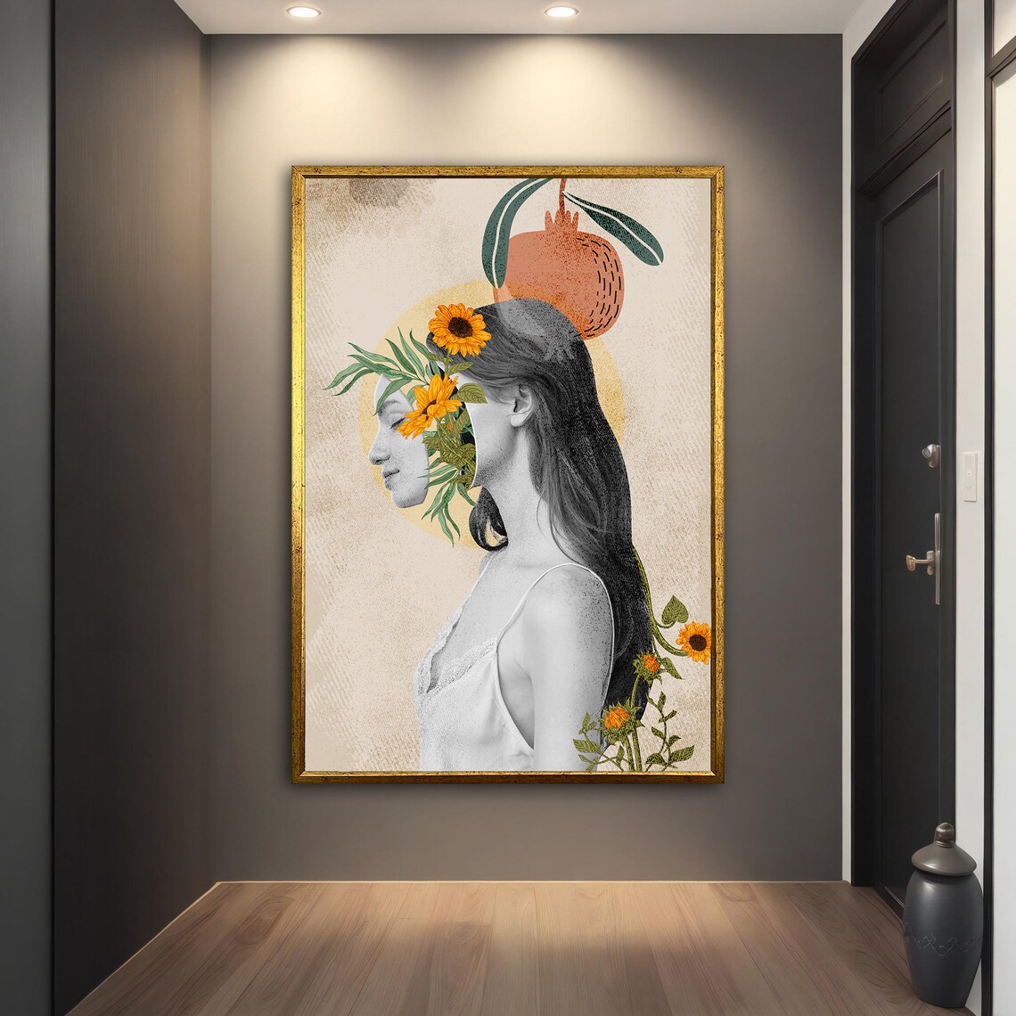 Woman Sunflower Face Floral Collage Pomegranate Botanical Art Poster - Image 5