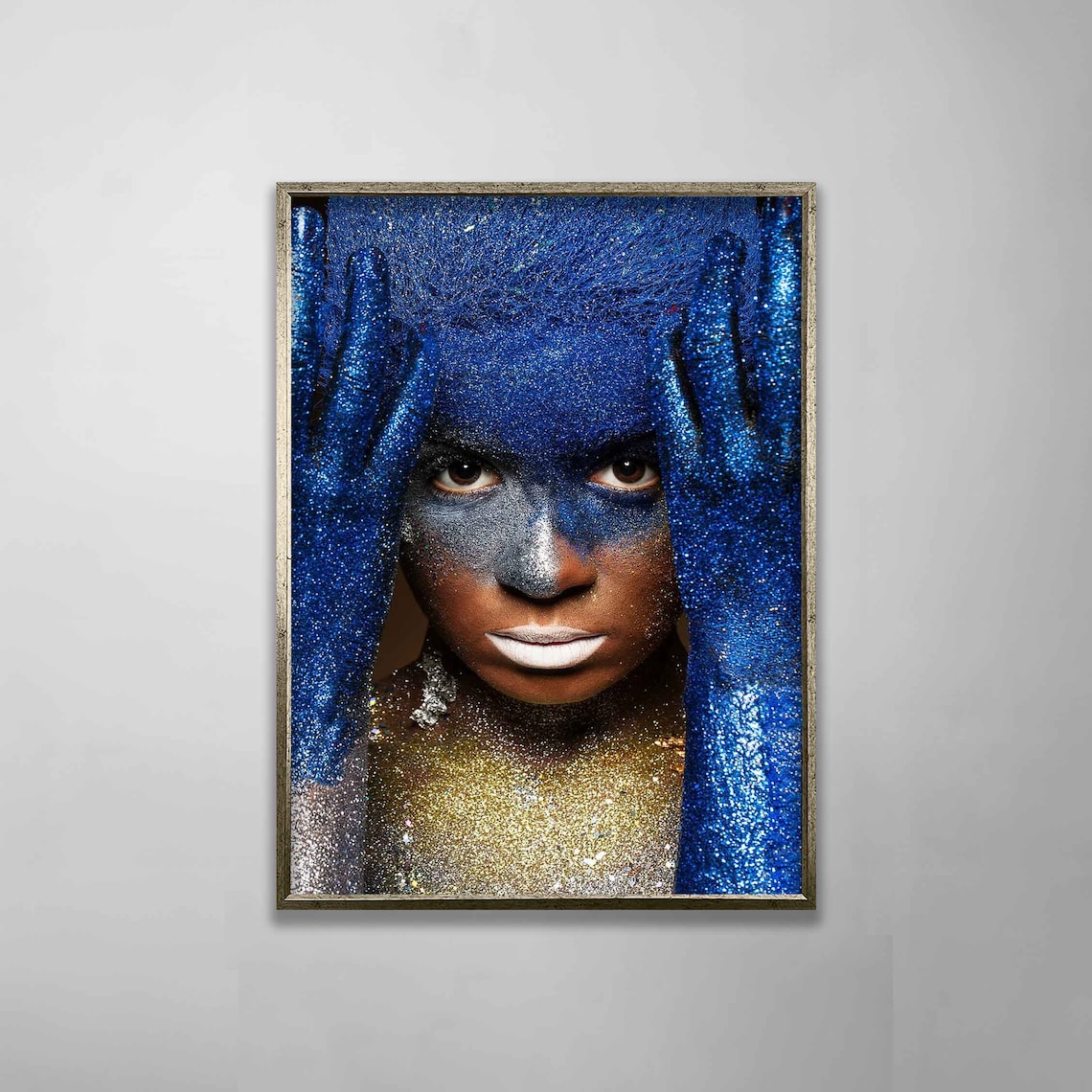Blue Gold Glitter Woman Portrait Beauty Modern Wall Art Poster - Image 3
