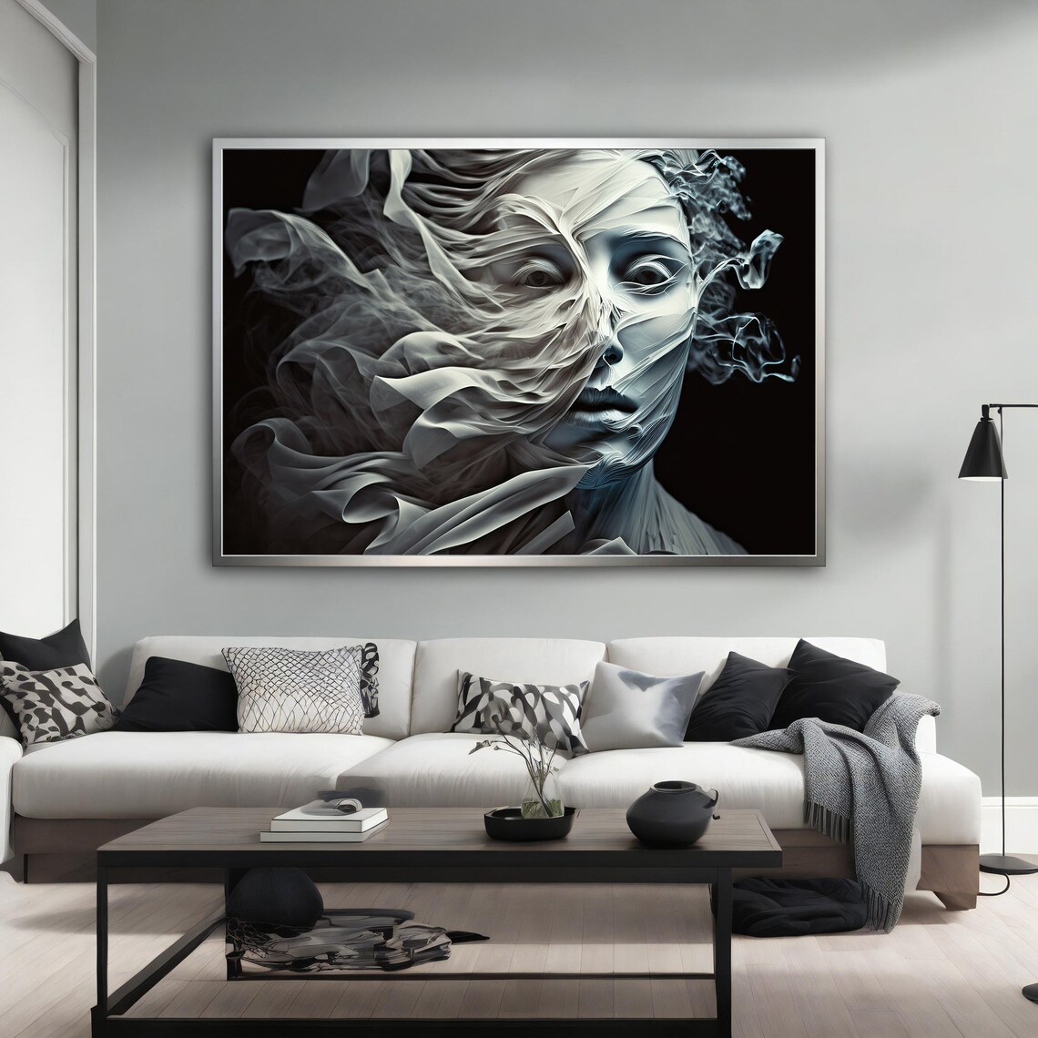 Woman Face White Smoke Veil Monochrome Ethereal Portrait Wall Art Poster - Image 2