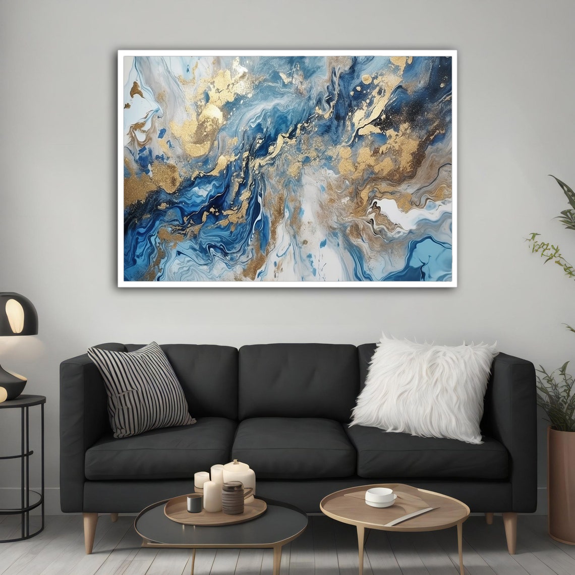 Blue Gold Marbling Abstract Painting Ocean Waves Swirl Wall Poster - Image 3