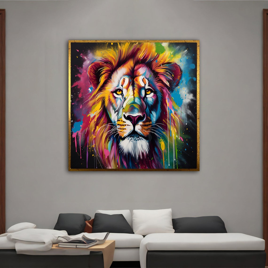 Colorful Graffiti Lion Head Black Background Rainbow Paint Poster - Image 3
