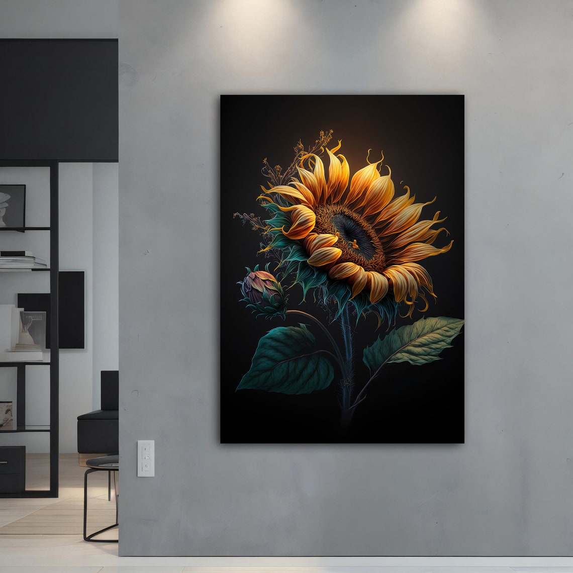 Sunflower Bloom Black Background Dramatic Botanical Gold Frame Poster - Image 4