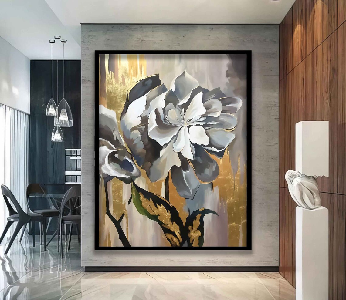 White Flower Golden Abstract Background Floral Painting Wall Poster