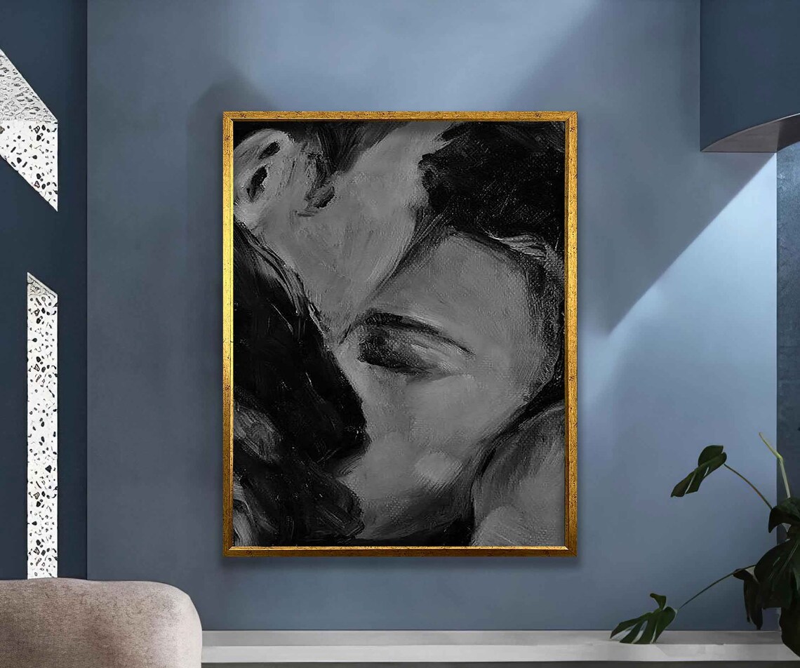 Romantic Black And White Kissing Couple Abstract Love Art Poster - Image 3