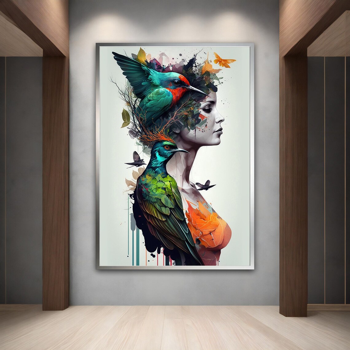 Woman With Colorful Tropical Birds Hair Surreal Nature Art Poster - Image 3