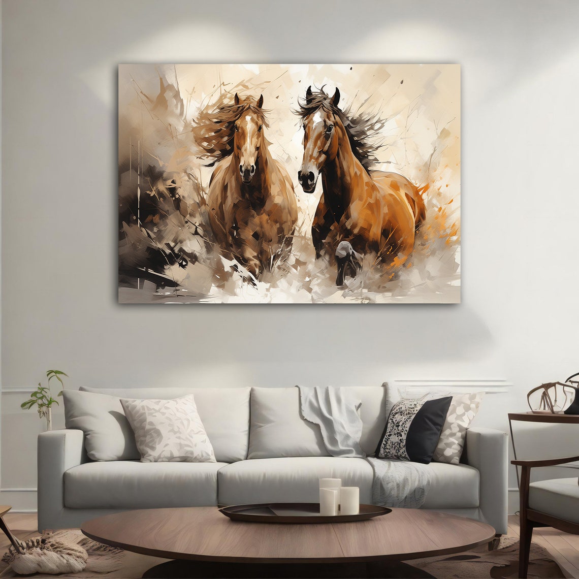 Two Brown Horses Running Painting Galloping Mane Dynamic Wall Poster - Image 2