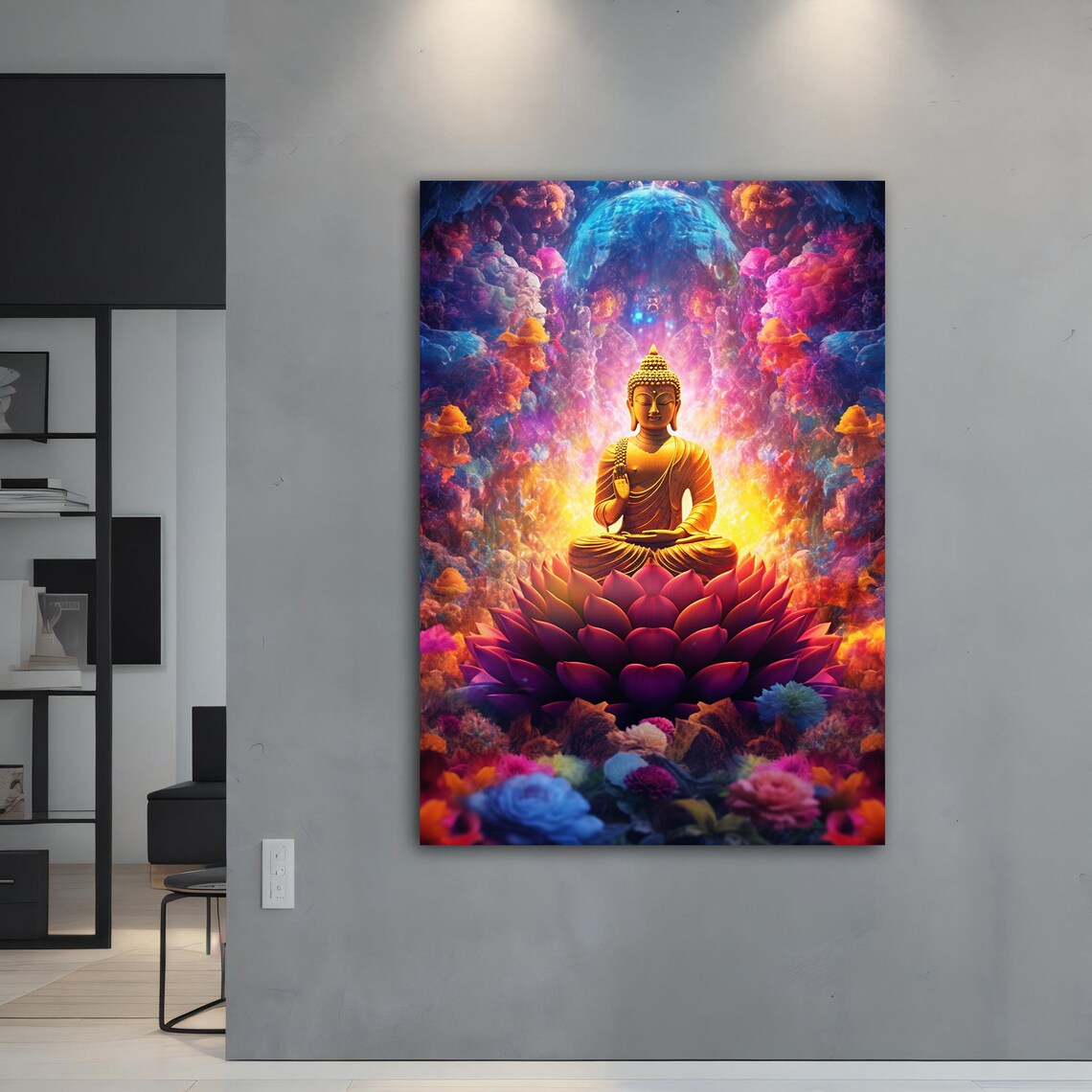 Golden Buddha on Lotus Psychedelic Flowers Spiritual Art Print - Image 3