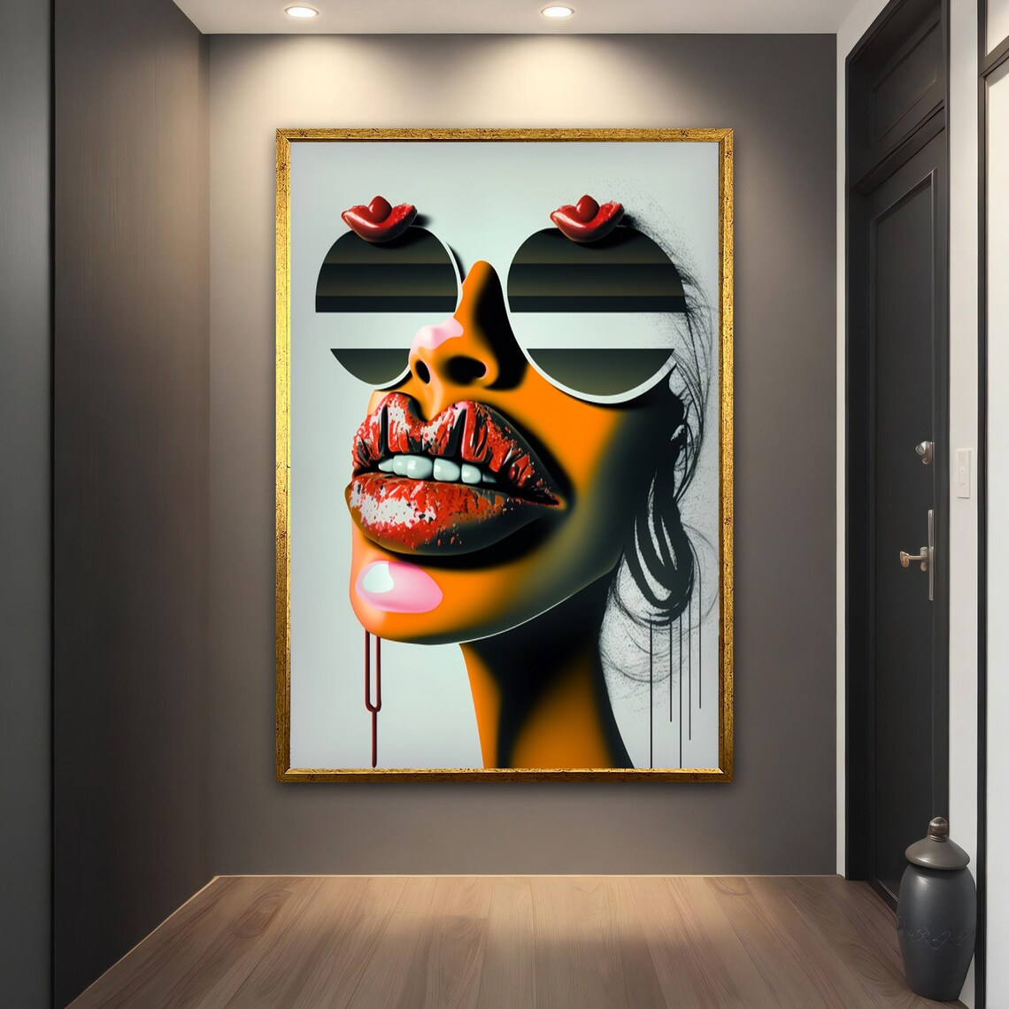 Pop Art Woman Face Red Lips Striped Sunglasses Bold Modern Portrait Poster - Image 5