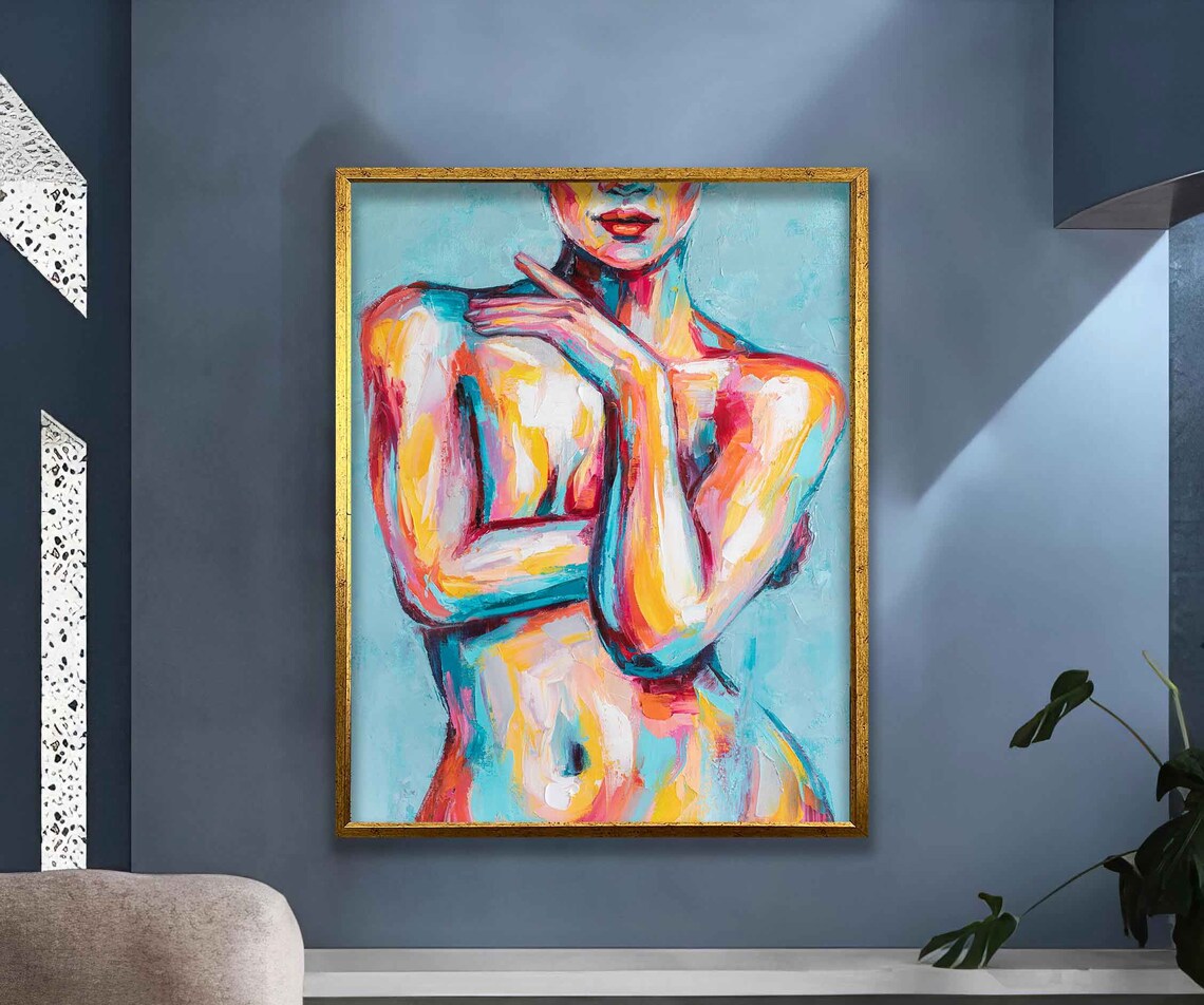 Colorful Abstract Female Torso Pink Turquoise Orange Modern Art Poster - Image 3